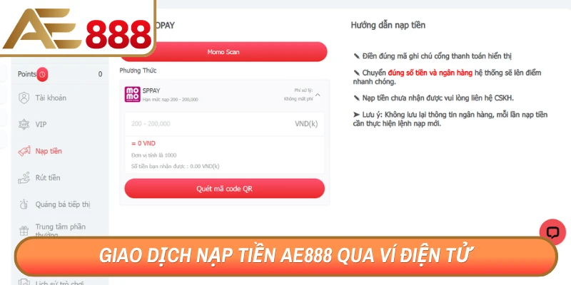 Giao dịch nạp tiền AE888 qua ví điện tử